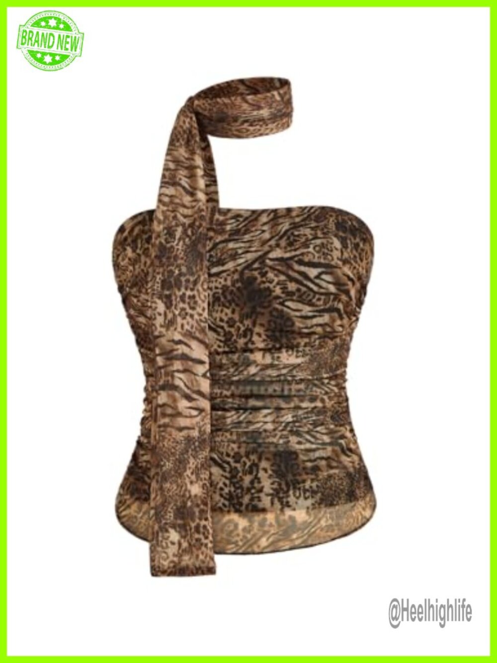 Cheetah Print Halter Mesh Tube Top Y2k Going Out Top Lettuce Hem Sleeveless